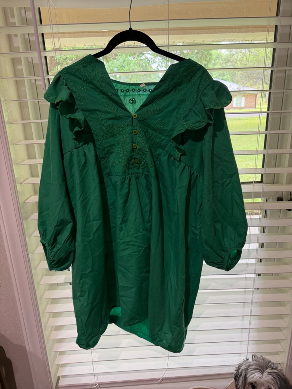 Green Embroidered Ruffle V-Neck Blouse